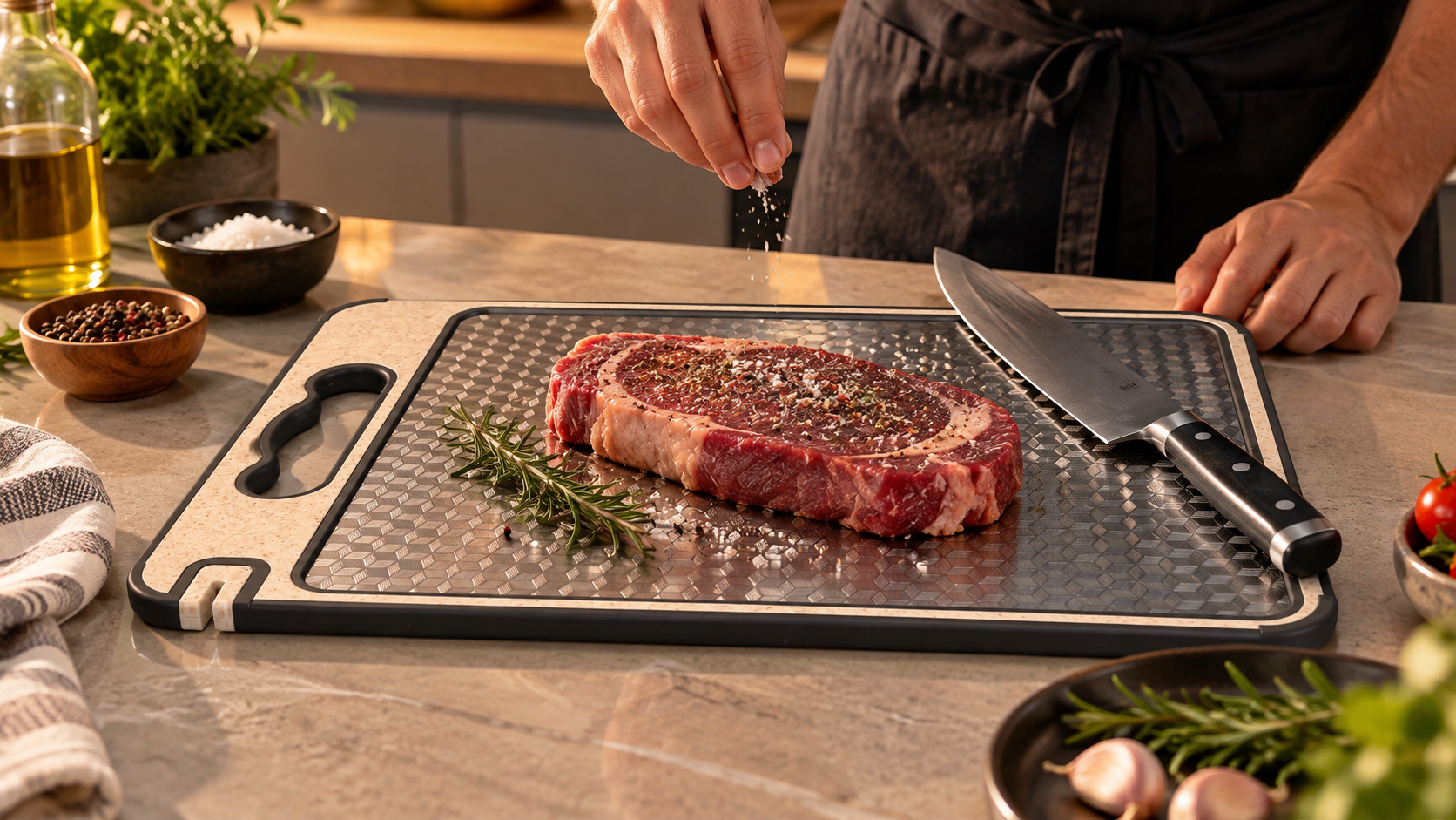Temporização de carne na tábua reversível Kuazza