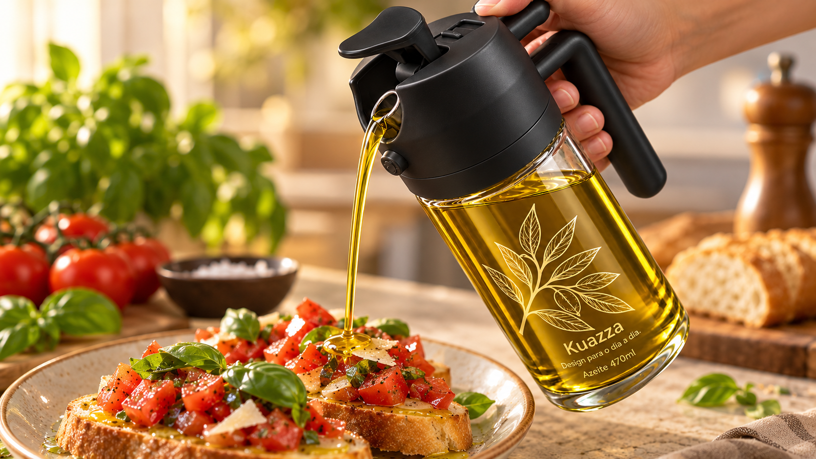 Dispenser de azeite Kuazza finalizando bruschettas de tomate e manjericão