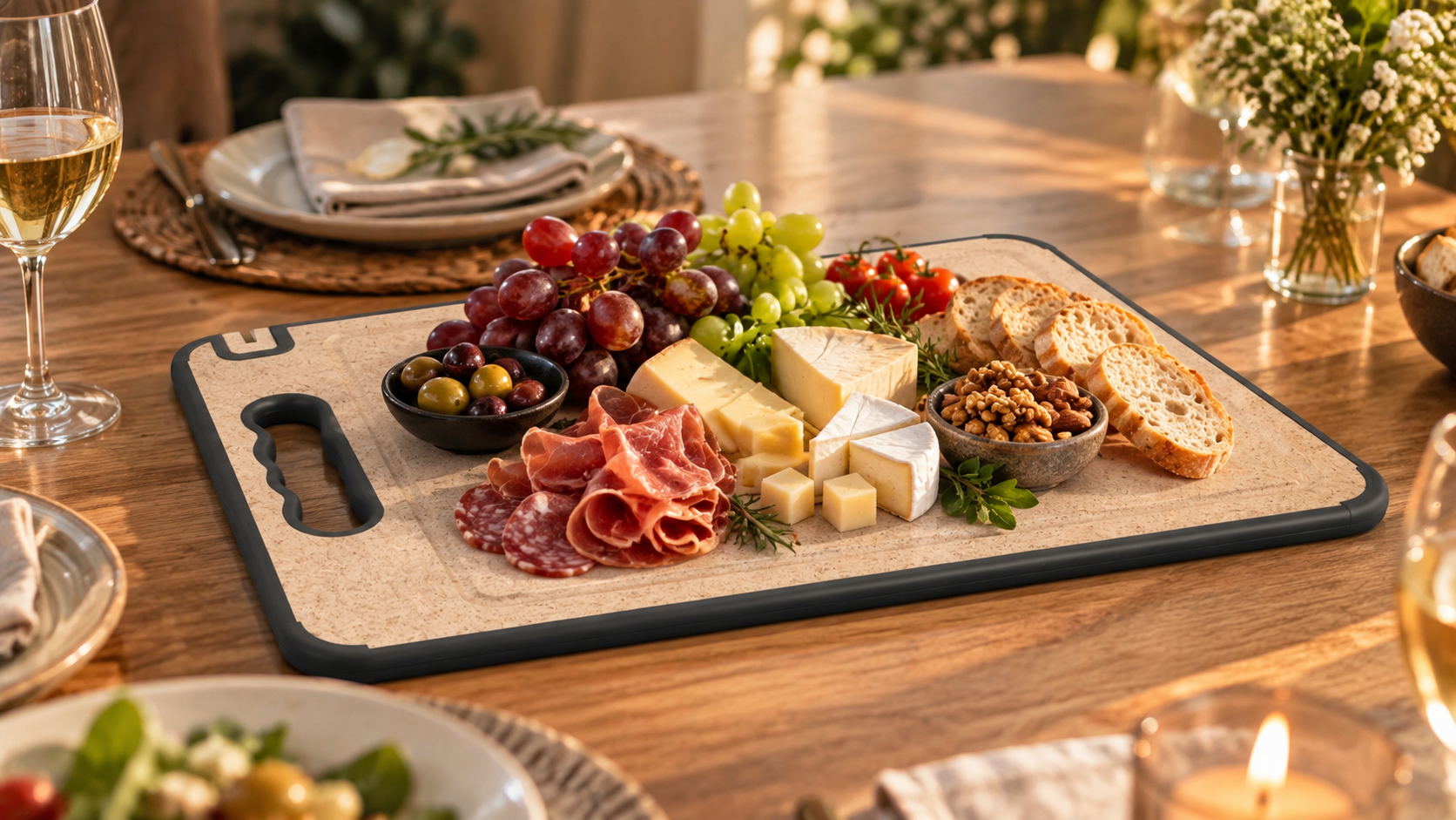Mesa posta com tábua Kuazza servindo queijos, embutidos e frutas