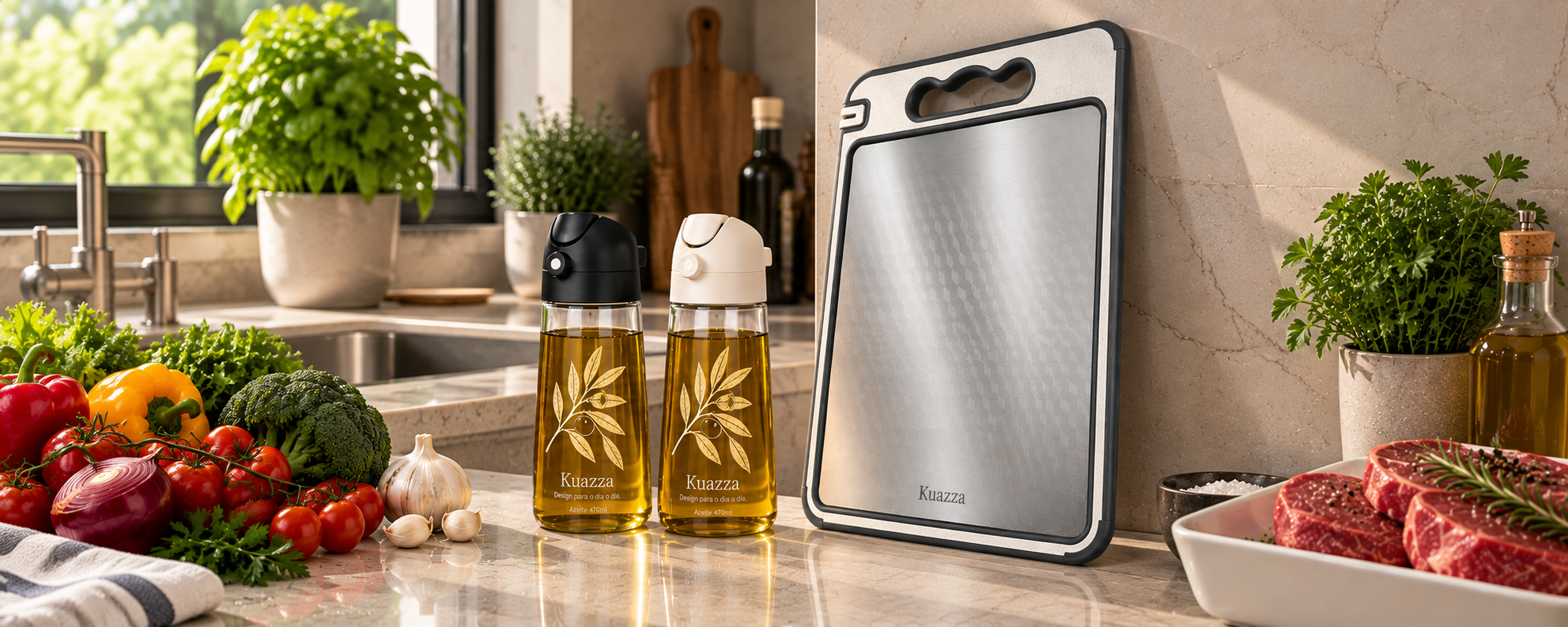 Tábua de corte Kuazza com dispensers de azeite e ingredientes frescos na bancada